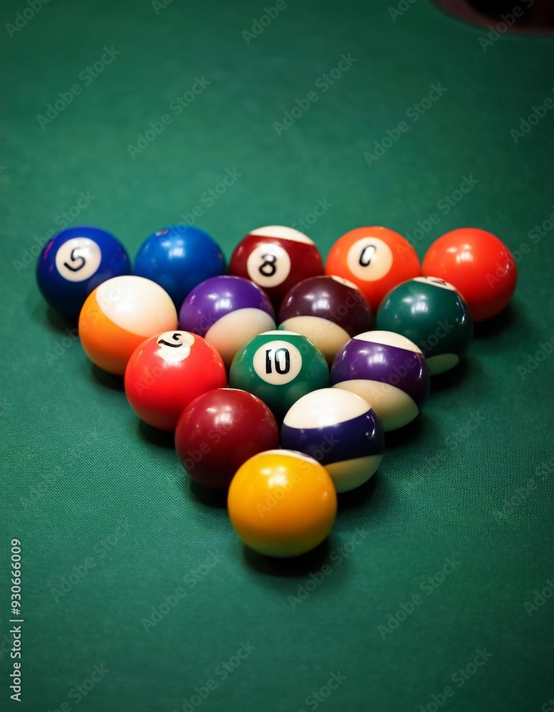 Close-up of colorful billiard balls arranged in triangle on green pool table for game setup Close-up of colorful billiard balls arranged in triangle on green pool table for game setup