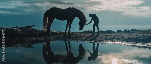 You can lead a horse to water but you can't make him drink - a literal interpretation of a classic idiom with a silhouetted horse and a man near a pond