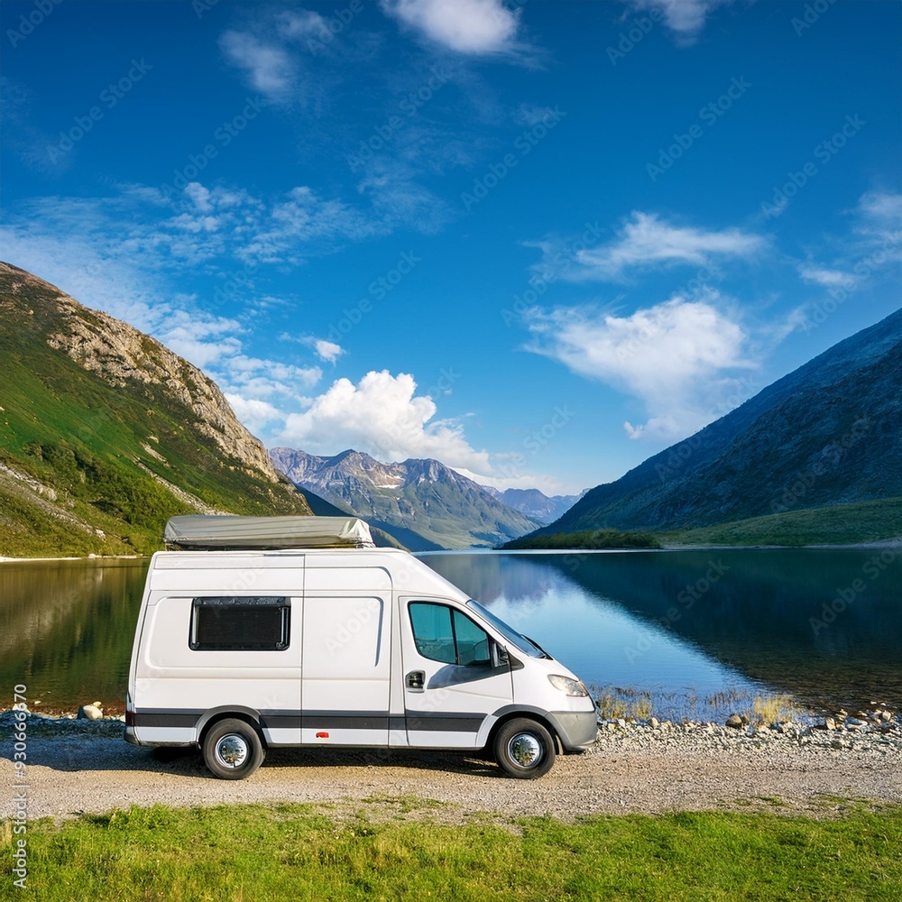 Camper van parked by scenic mountain lake under blue sky 