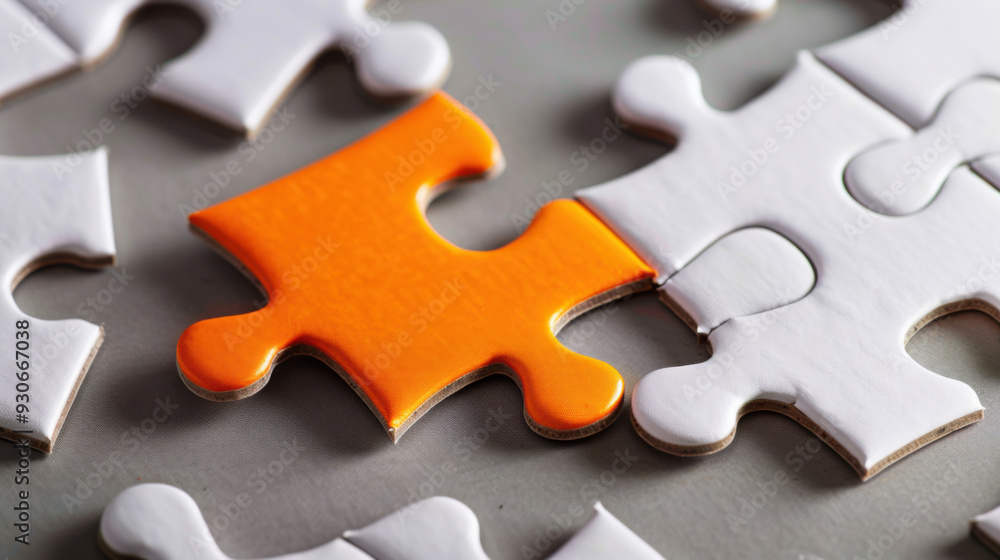 Fototapeta premium Orange puzzle piece easily fits into the white puzzle.