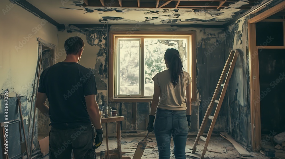 A couple stands in the middle of a room undergoing renovations. The room is dusty with exposed wood beams on the ceiling, and a window looks out into the daylight. A couple stands in the middle of a room undergoing renovations. The room is dusty with exposed wood beams on the ceiling, and a window looks out into the daylight.