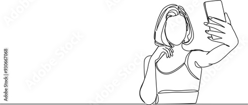continuous single line drawing of woman taking selfie with smartphone, line art vector illustration