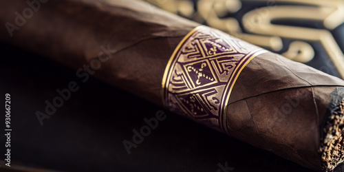 A close up image of a maduro cigar with a purple and gold cigar band. photo