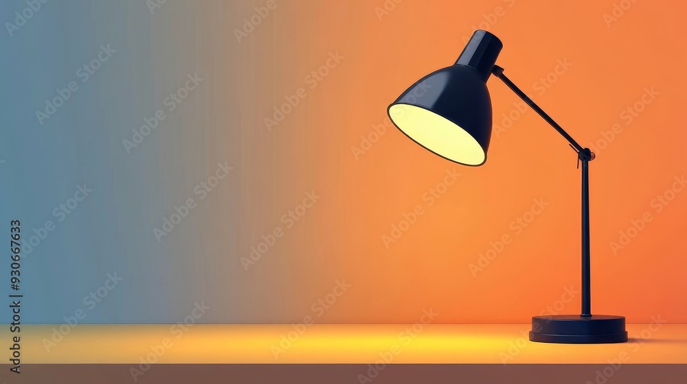 A black desk lamp with a warm light illuminates a minimalist desk with a blue and orange gradient background. The lamp symbolizes focus, creativity, and inspiration, and the gradient represents the tr A black desk lamp with a warm light illuminates a minimalist desk with a blue and orange gradient background. The lamp symbolizes focus, creativity, and inspiration, and the gradient represents the tr