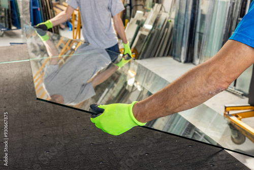 Glaziers place a large sheet of thick glass on the table by hand. Glass work photo