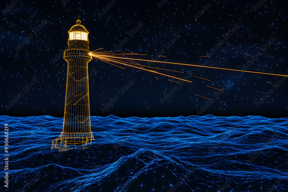 Neon outline of lighthouse with beams of light in starlit ocean ...