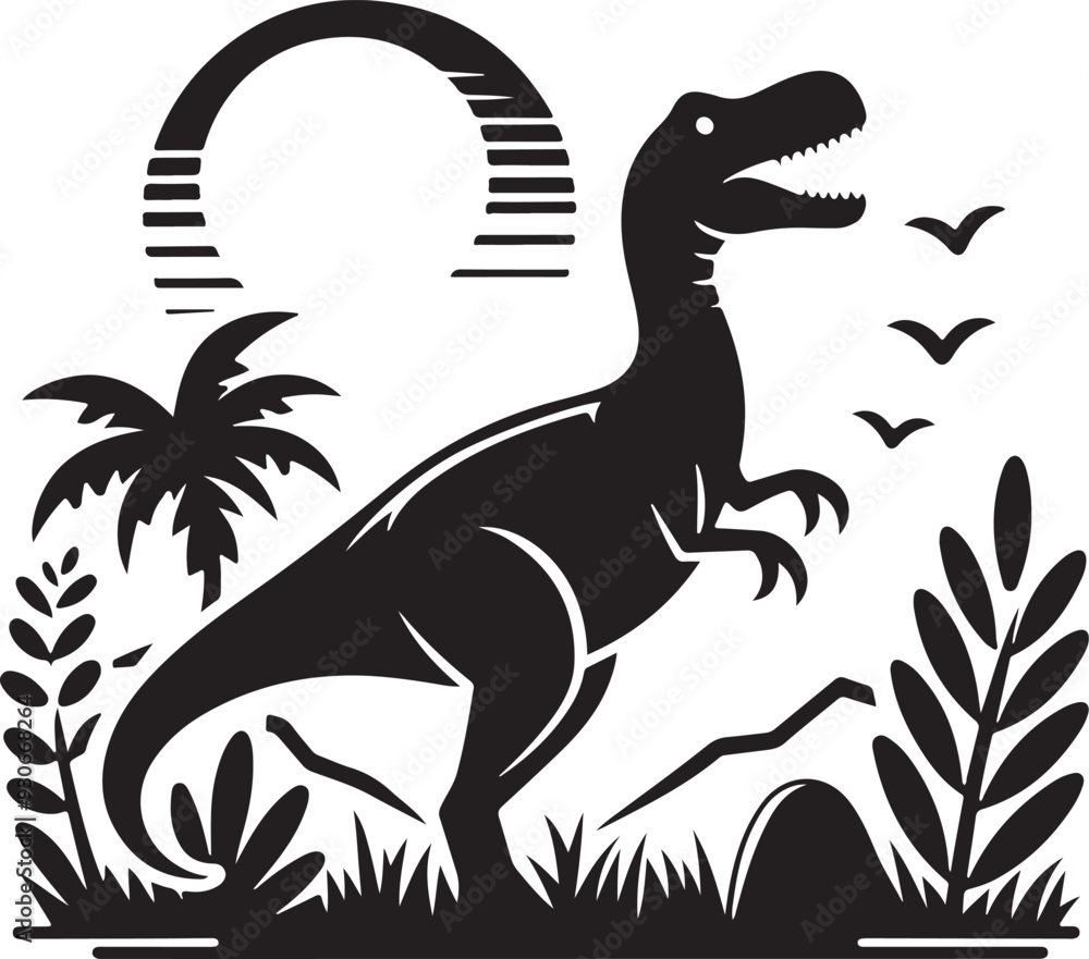 Fototapeta premium dinosaur and tree black and white silhouette vector art flat graphic design background outline illustrations