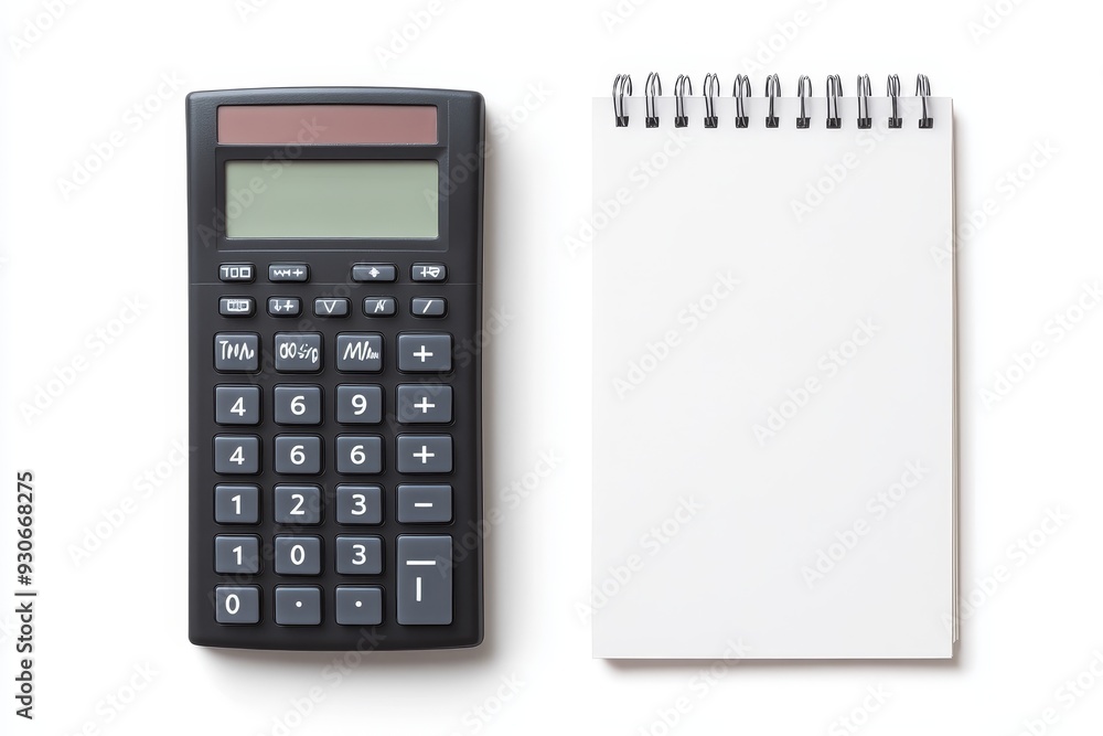 A calculator and a blank notepad symbolize financial planning, budgeting, calculating expenses, and keeping track of finances. A calculator and a blank notepad symbolize financial planning, budgeting, calculating expenses, and keeping track of finances.