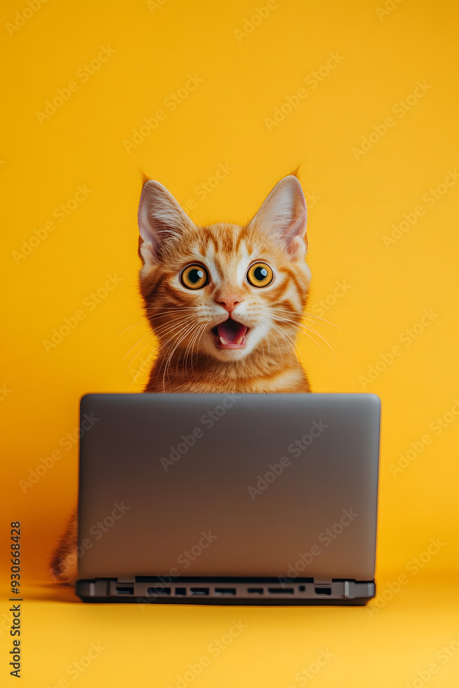 Cute funny cat with laptop on color background. Cute funny cat with laptop on color background.