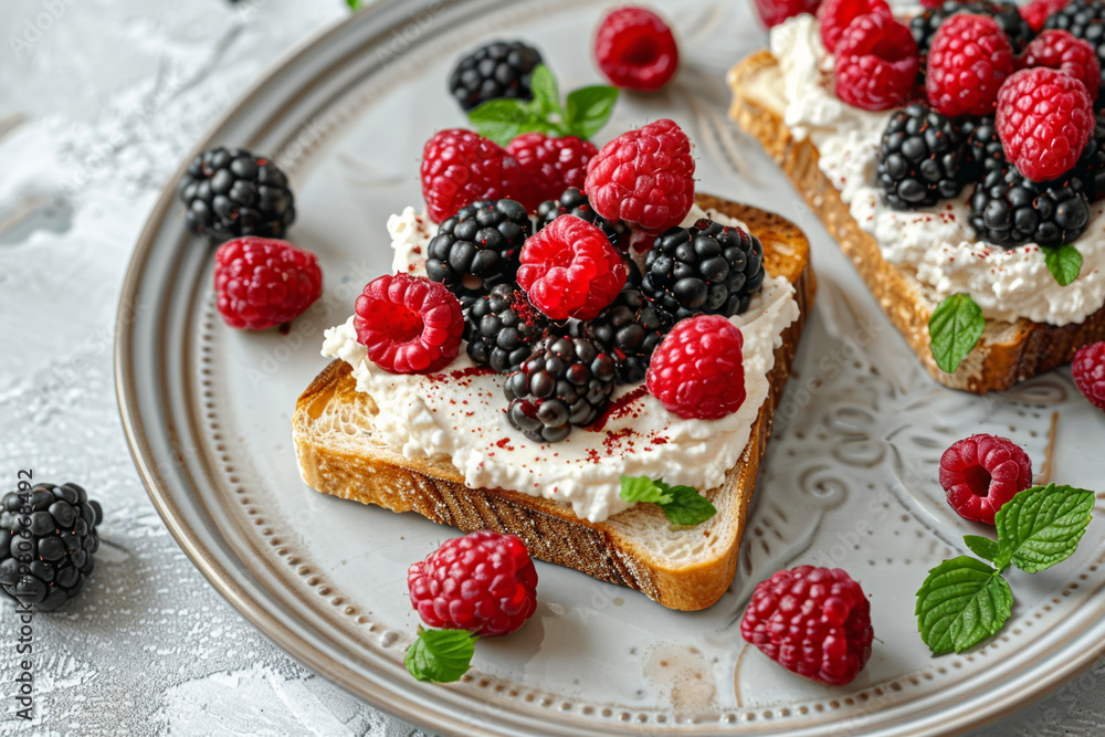 A plate of toast with blackberries and raspberries on top A plate of toast with blackberries and raspberries on top