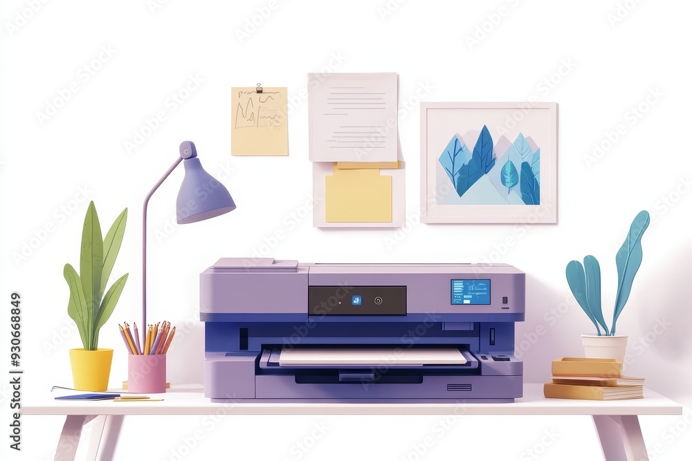 Fototapeta premium A clean and stylish office desk with a modern printer, a lamp, potted plants, and decorative artwork, symbolizing productivity, creativity, and home office setup.