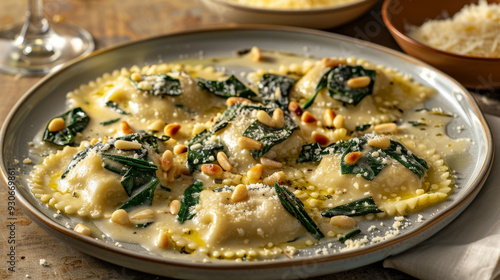 Gourmet homemade ravioli with ricotta and spinach, topped with sage-infused butter sauce