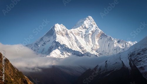 selective focus annapurna south peak with white snow and fog with noise and grain in bright sunlight photo