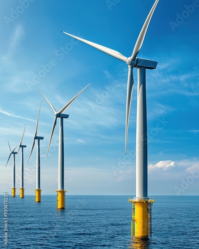 Coastal wind farm featuring spinning turbines under a bright blue sky, symbolizing renewable energy