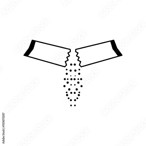 ripped packet sugar icon, open paper sachet with sugar crystals, soluble medication, thin line web symbol on white background, isolated flat line icon on white
