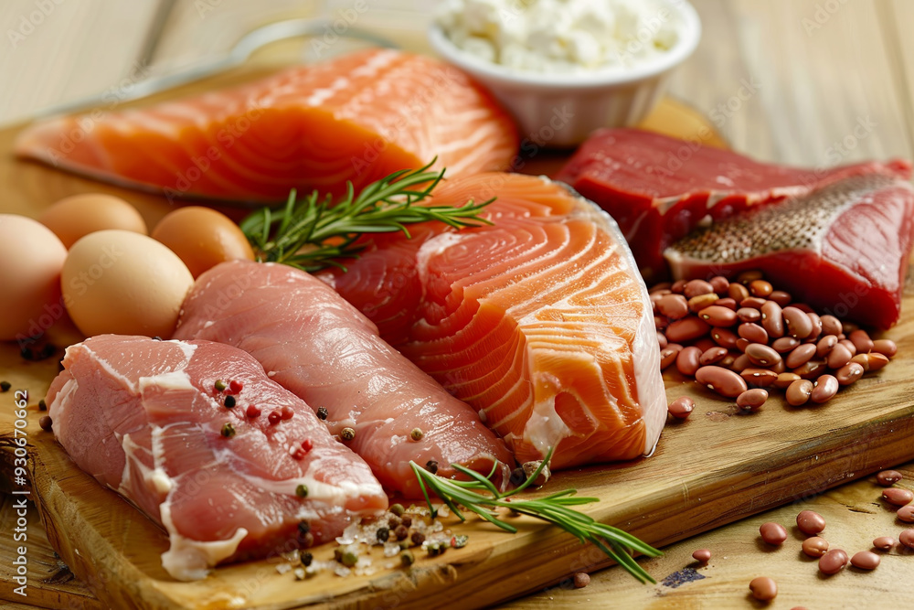 A variety of meats and vegetables are displayed on a wooden cutting board