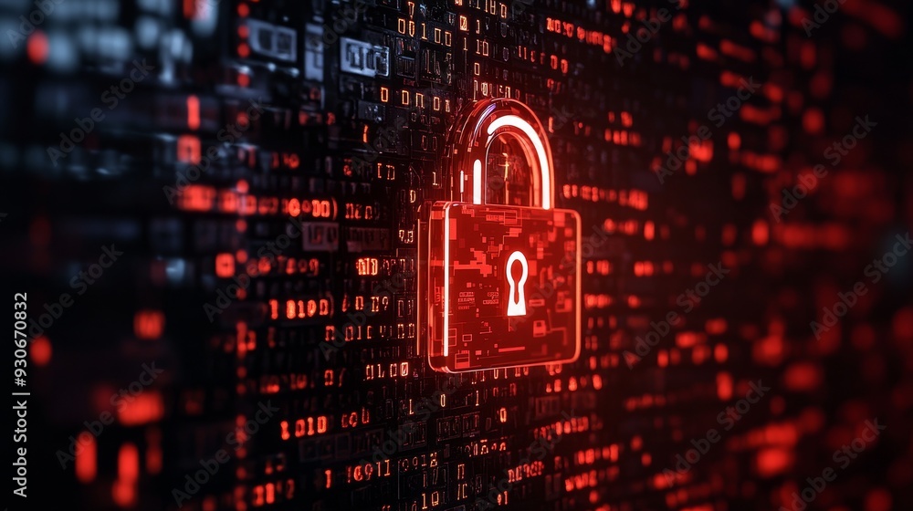 A glowing red padlock symbol on a digital background of binary code, representing data security, digital privacy, and secure access to information. A glowing red padlock symbol on a digital background of binary code, representing data security, digital privacy, and secure access to information.