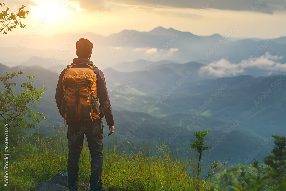 Hiker Admiring Stunning Mountain View from Behind in AI-Generated Image Hiker Admiring Stunning Mountain View from Behind in AI-Generated Image