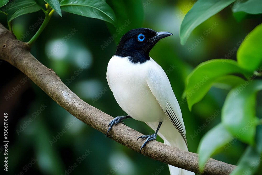 Balinese Starling on a Branch with Lush Green Leaves in AI-Generated Image Balinese Starling on a Branch with Lush Green Leaves in AI-Generated Image