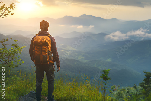Hiker Admiring Stunning Mountain View from Behind in AI-Generated Image