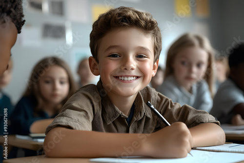 Cheerful Schoolboy Smiling at Desk While Writing Test, Surrounded by Focused Classmates