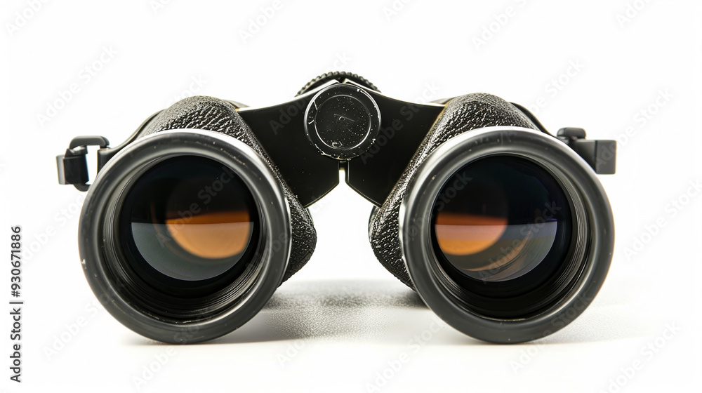 A pair of black binoculars with a yellow lens A pair of black binoculars with a yellow lens