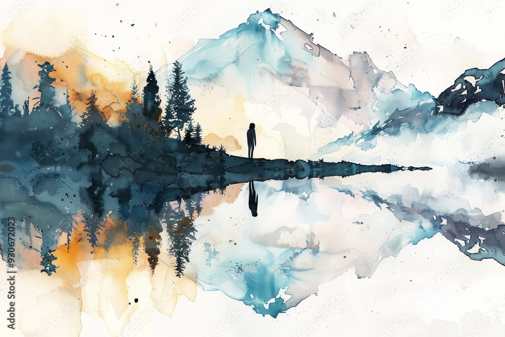 A person stands on a rocky shoreline overlooking a lake A person stands on a rocky shoreline overlooking a lake