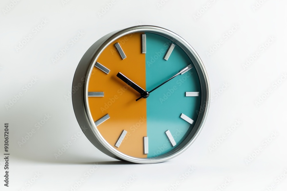 A minimalist wall clock featuring a sleek design, a split color scheme of orange and blue, and black hands, symbolizing time, organization, style, productivity, and color. A minimalist wall clock featuring a sleek design, a split color scheme of orange and blue, and black hands, symbolizing time, organization, style, productivity, and color.