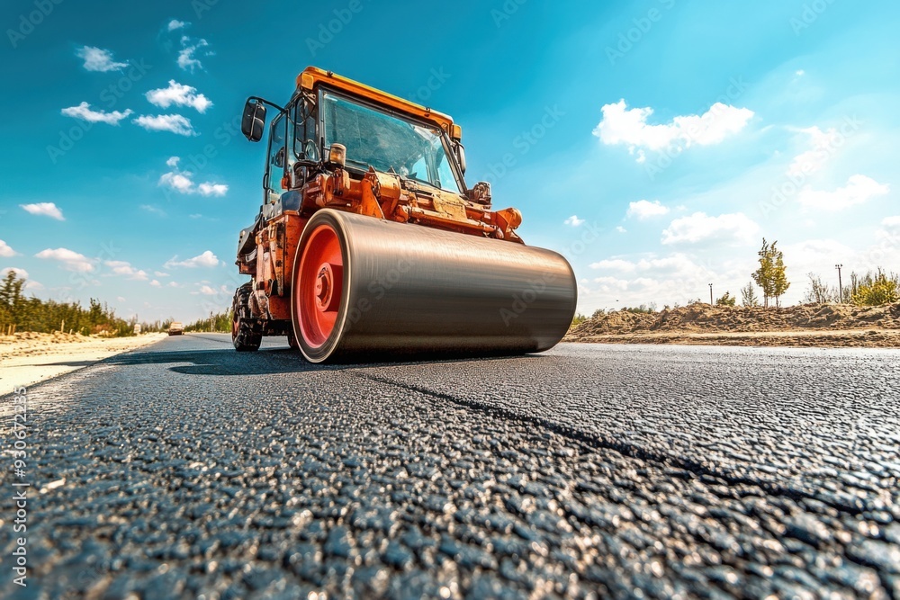 Steamroller smoothing fresh asphalt on highway Steamroller smoothing fresh asphalt on highway