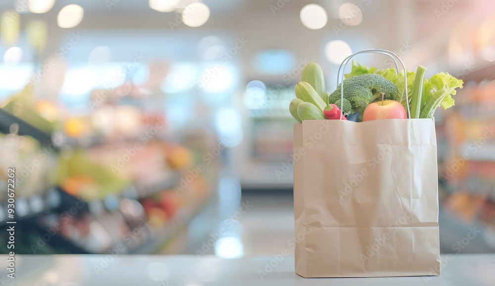 a paper bag filled with groceries healthy food fruit and vegetables at the supermarket
a paper bag filled with groceries healthy food fruit and vegetables at the supermarket