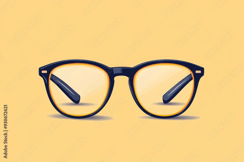 A pair of eyeglasses with clear lenses on a yellow background, symbolizing clarity, knowledge, focus, intelligence, and perception. A pair of eyeglasses with clear lenses on a yellow background, symbolizing clarity, knowledge, focus, intelligence, and perception.