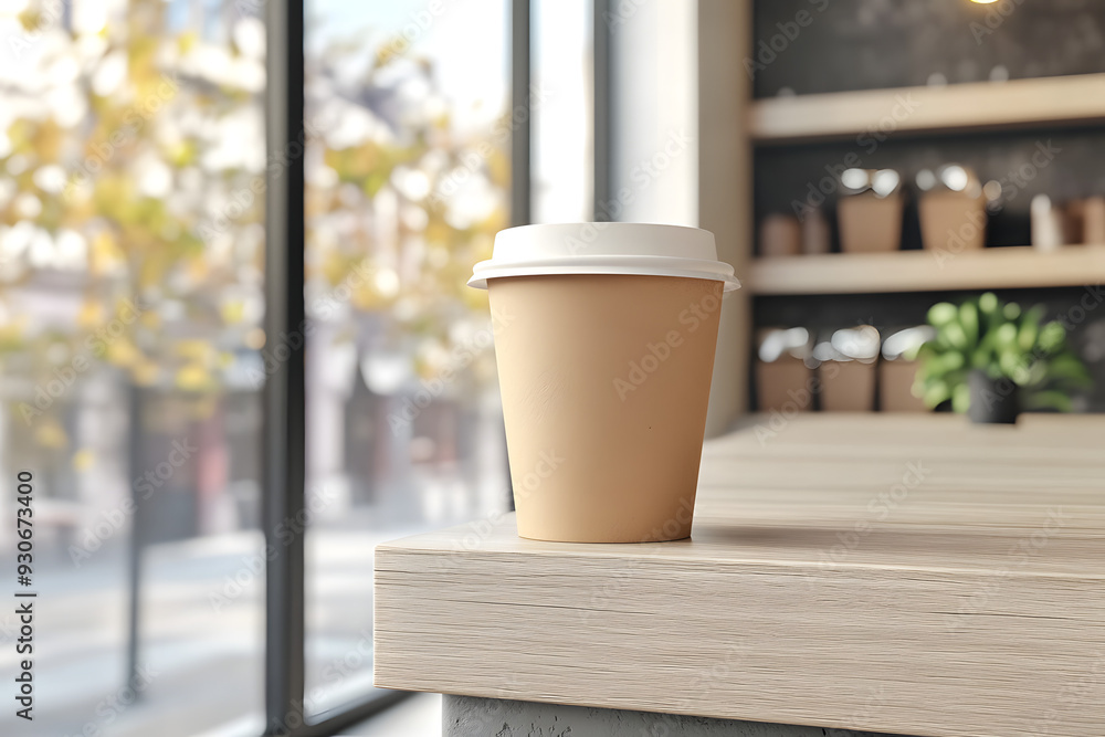 Mock-Up of Empty Brown 3D Paper Coffee Cup on Minimalist Café Shelf Mock-Up of Empty Brown 3D Paper Coffee Cup on Minimalist Café Shelf