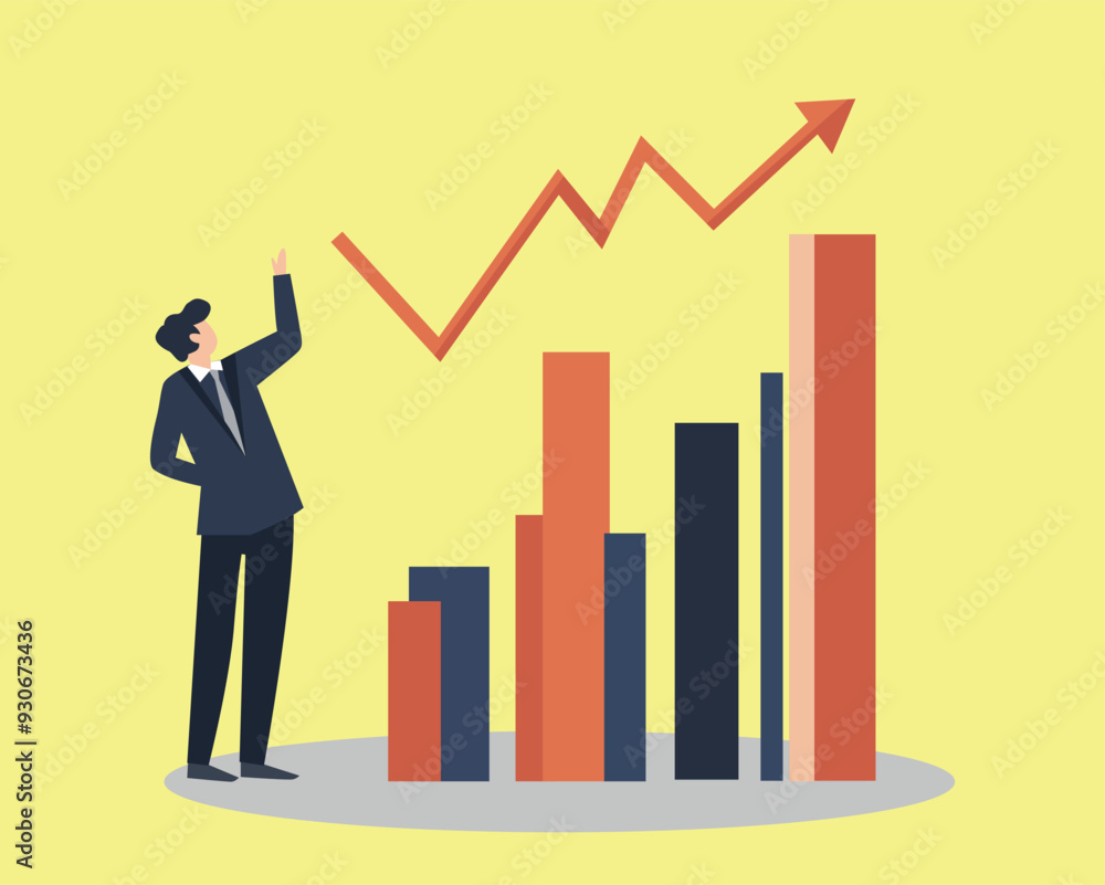 Businessman Pointing at Growing Bar Chart on Yellow Background for Business Presentations and Reports Businessman Pointing at Growing Bar Chart on Yellow Background for Business Presentations and Reports
