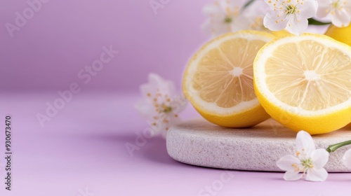 This vibrant image displays fresh lemon halves placed on a stone slab, accompanied by delicate white flowers, set against a soft-purple background, exuding freshness and tranquility. photo