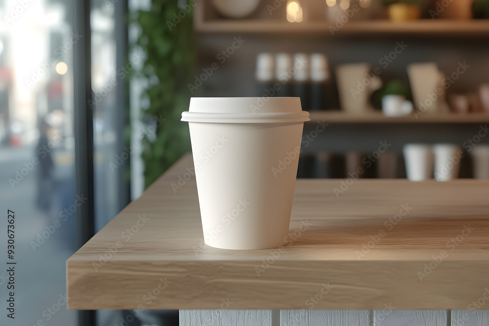 Mock-Up of Empty White 3D Paper Coffee Cup on Minimalist Café Shelf Mock-Up of Empty White 3D Paper Coffee Cup on Minimalist Café Shelf