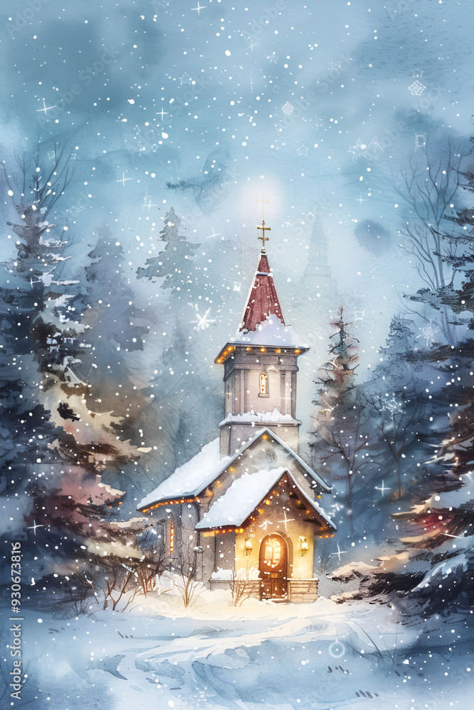 Snow-covered church in a winter forest, softly lit and surrounded by falling snowflakes Snow-covered church in a winter forest, softly lit and surrounded by falling snowflakes