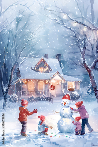 Children building a snowman in front of a cozy, snow-covered house during winter