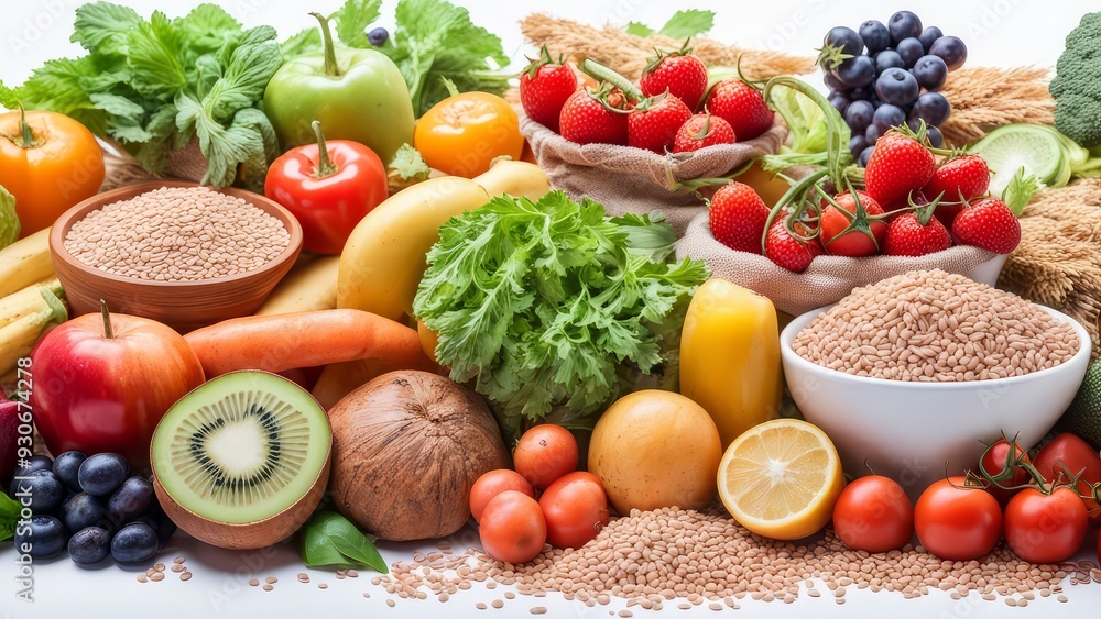 A Bountiful Harvest: A vibrant assortment of fresh fruits, vegetables, and grains, symbolizing healthy eating, balanced nutrition, and a wholesome lifestyle. A Bountiful Harvest: A vibrant assortment of fresh fruits, vegetables, and grains, symbolizing healthy eating, balanced nutrition, and a wholesome lifestyle.