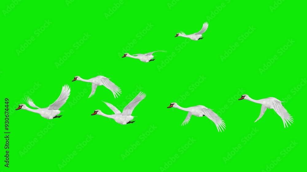 Wedge of 7 White Swans - Flock of Seven Wild Waterfowl Birds - Flying Loop - Front Side Angle View MS - Green Screen - Realistic naturalistic 4K 3D animation isolated on chroma key background Wedge of 7 White Swans - Flock of Seven Wild Waterfowl Birds - Flying Loop - Front Side Angle View MS - Green Screen - Realistic naturalistic 4K 3D animation isolated on chroma key background