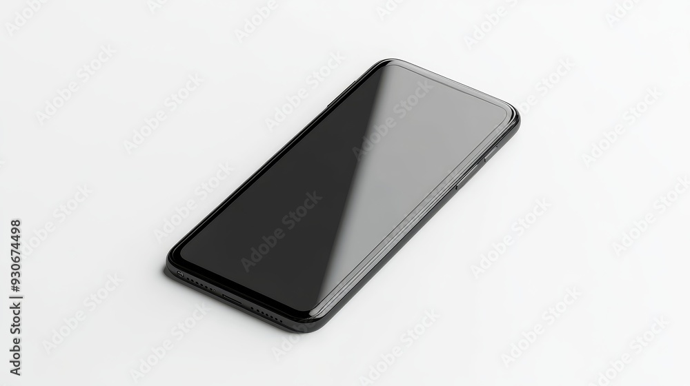 A sleek black smartphone lies on a white background, showcasing its sleek design and blank screen, ready for your design or app. It symbolizes technology, communication, innovation, mobile experience, A sleek black smartphone lies on a white background, showcasing its sleek design and blank screen, ready for your design or app. It symbolizes technology, communication, innovation, mobile experience,