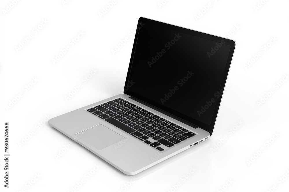 A sleek silver laptop with a blank black screen isolated on a white background. This image symbolizes technology, business, productivity, and the potential for creativity and innovation. A sleek silver laptop with a blank black screen isolated on a white background. This image symbolizes technology, business, productivity, and the potential for creativity and innovation.