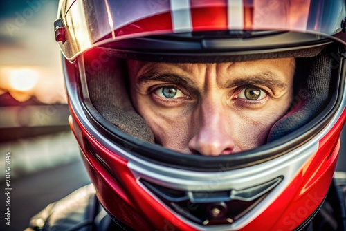 A man wearing a helmet with a red and white design