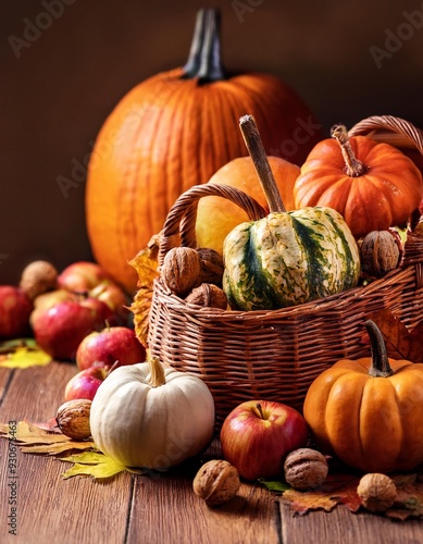 Thanksgiving day still life, background with empty copy space. Pumpkin harvest in wicker basket. Squash, vegetable autumn fruit, apples, and nuts on a wooden table. Halloween decoration fall design photo