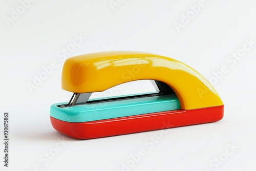 A vibrant yellow, turquoise, and red stapler symbolizing creativity, efficiency, and a touch of nostalgia. Perfect for adding a pop of color to any workspace.