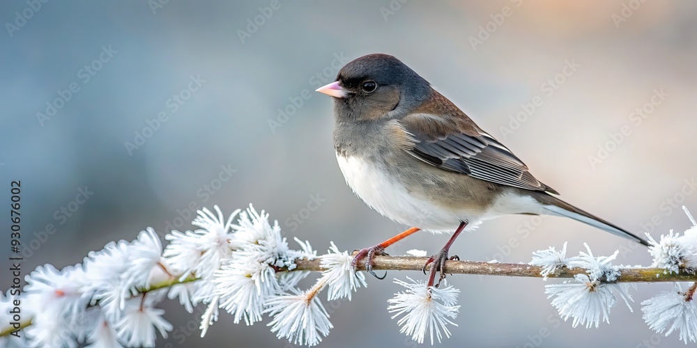 Dark-eyed junco perches on a frosty winter branch, its slate-gray feathers and white belly stark against a soft, snowy backdrop with subtle bokeh. Dark-eyed junco perches on a frosty winter branch, its slate-gray feathers and white belly stark against a soft, snowy backdrop with subtle bokeh.