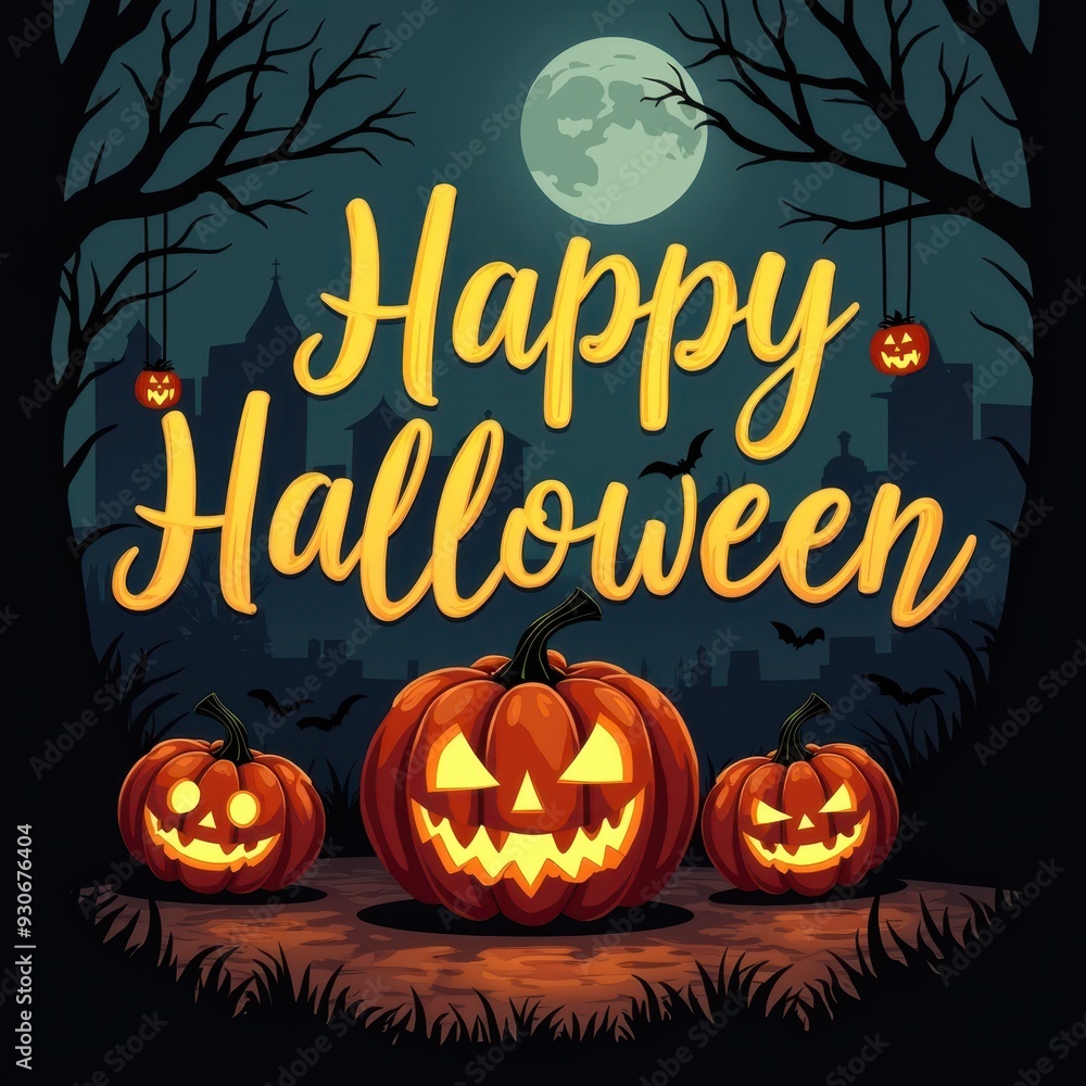 Happy Halloween with glowing pumpkins and a full moon over a spooky town at night Happy Halloween with glowing pumpkins and a full moon over a spooky town at night