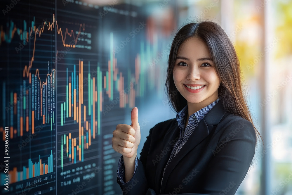 A young businesswoman in a black suit stands confidently in front of a large screen displaying stock market charts, giving a thumbs up gesture, symbolizing success, growth, achievement, and confidence A young businesswoman in a black suit stands confidently in front of a large screen displaying stock market charts, giving a thumbs up gesture, symbolizing success, growth, achievement, and confidence