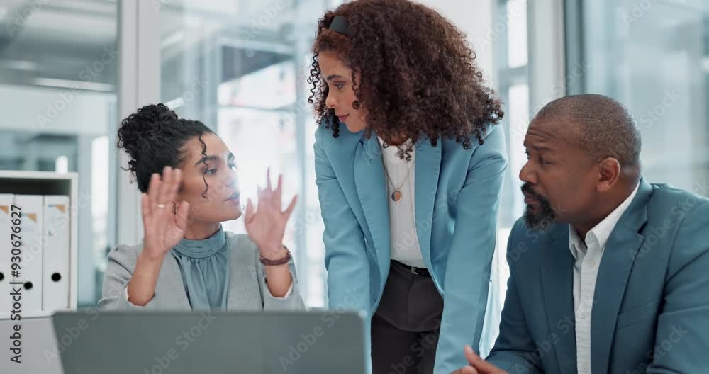 Office, business people and support in meeting with laptop for project, planning or brainstorming. Corporate, diversity and employee with discussion by tech for project management, report or solution