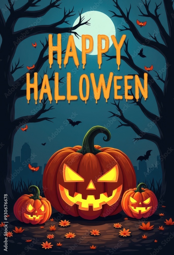 Spooky Halloween decorations with jack-o'-lanterns and a full moon at night Spooky Halloween decorations with jack-o'-lanterns and a full moon at night