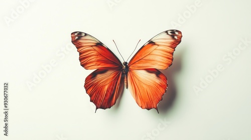 An orange butterfly with black veins and white edges sits on a white background. This image symbolizes freedom, beauty, transformation, new beginnings, and nature.